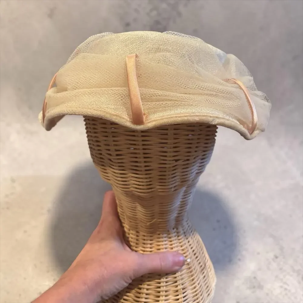 Ivory Tulle Picture Hat Blush Ribbon Tea Party Church Derby Fascinator VTG